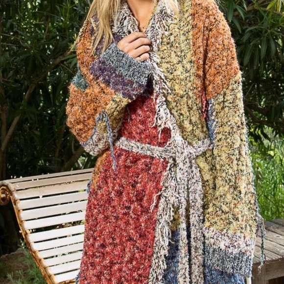 POL Women's Cream Tweed Wrap Cardigan Duster Bohemian Long Sleeve Fringe NWOT - Picture 6 of 9